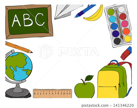 School elementary tools frame rectangle hand drawn illustration. Vector graphic line ink art template. essential educational supplies for students, perfect for promotions and learning 141346220