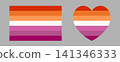 Lesbian Pride flag with seven stripes banner, button, badge heart, rectangle set. Lesbian flag heart shaped, rectangular icon, background, sticker. 141346333