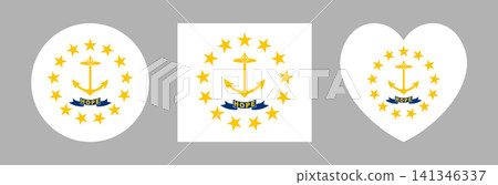 Rhode Island flag heart, circular, square sticker set. Rhode Island State flag circle, rectangle, heart shaped button, icon. Flag of Rhode Island round, rectangular banner, background. 141346337