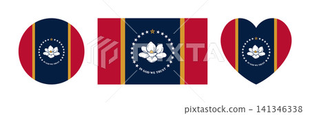 Mississippi flag circle, rectangle, heart sticker, icon set. Flag of state Mississippi round, heart shaped, rectangular button, banner, background. Mississippi flag circle, rectangle, heart sticker, icon set. Flag of state Mississippi round, heart shaped, rectangular button, banner, background. 141346338
