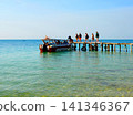 Group of people walk along wooden pier toward boat.  141346367