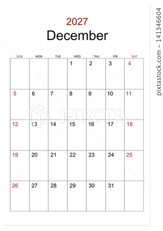 December 2027 vertical calendar isolated on white background. December 2027 vertical calendar isolated on white background. 141346604