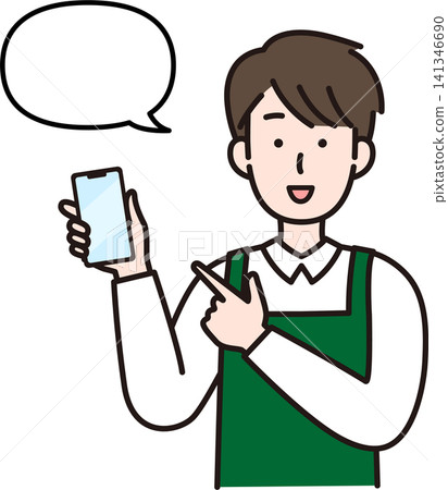 A male salesperson giving instructions with a smartphone (pointing and with speech bubbles) | Customer service, apps, QR codes A male salesperson giving instructions with a smartphone (pointing and with speech bubbles) | Customer service, apps, QR codes 141346690