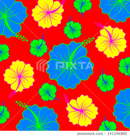 Hand drawn hibiscus flower colorful colors on red background. Floral background design for clothing, fabric, textile, wrapping, background, wallpaper, carpet, print, embroidery style Hand drawn hibiscus flower colorful colors on red background. Floral background design for clothing, fabric, textile, wrapping, background, wallpaper, carpet, print, embroidery style 141346960