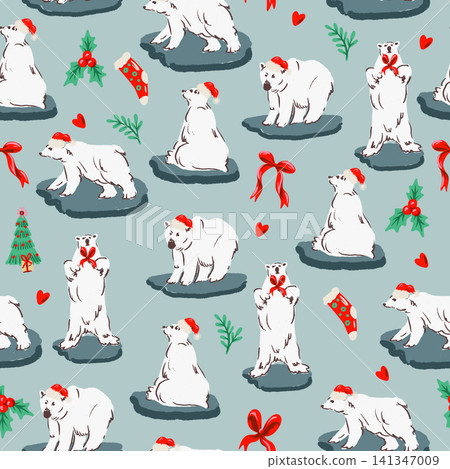 Christmas bear seamless pattern with polar bears ribbons holly festive winter background illustration Christmas bear seamless pattern with polar bears ribbons holly festive winter background illustration 141347009