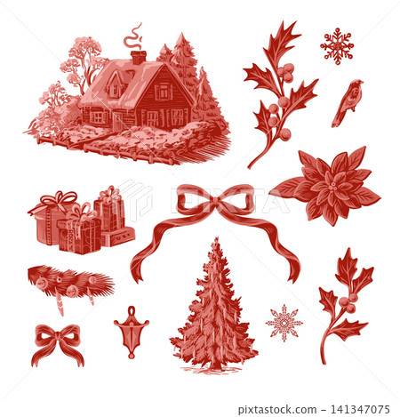 Vintage christmas toile baroque winter cottage ribbon ornament elements design elegant wallpaper 141347075