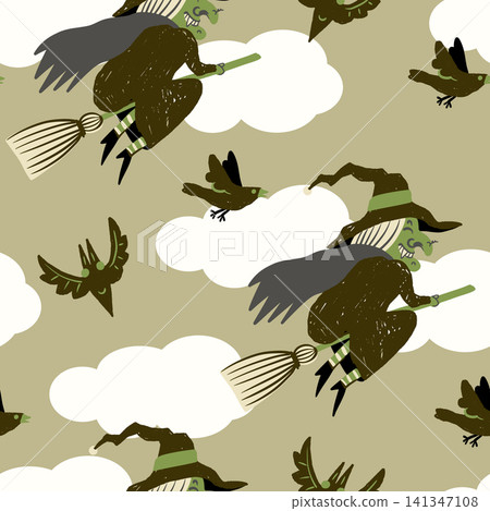 Halloween Seamless Pattern Witch Flying Broom Clouds Spooky Dark Night Magic Birds Vintage Halloween Seamless Pattern Witch Flying Broom Clouds Spooky Dark Night Magic Birds Vintage 141347108