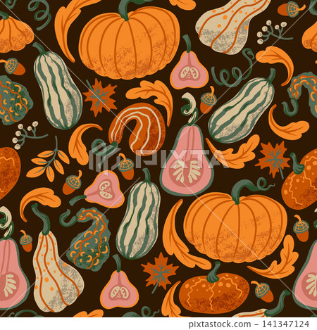 Autumn pumpkin seamless pattern graphic with gourds leaves acorns cozy harvest texture Autumn pumpkin seamless pattern graphic with gourds leaves acorns cozy harvest texture 141347124
