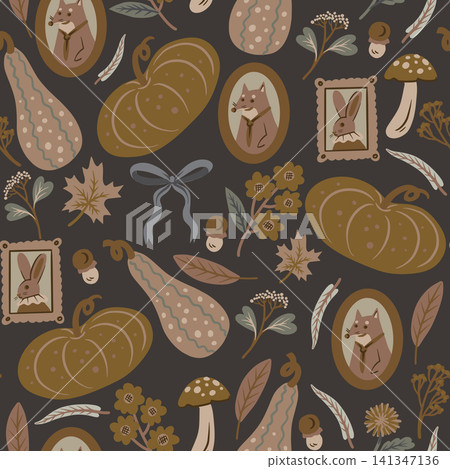 Pumpkin autumn seamless pattern with gourds leaves mushrooms vintage cozy woodland illustration design Pumpkin autumn seamless pattern with gourds leaves mushrooms vintage cozy woodland illustration design 141347136