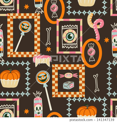Halloween candy seamless pattern spooky sweets pumpkin graphic cute autumn background illustration Halloween candy seamless pattern spooky sweets pumpkin graphic cute autumn background illustration 141347139