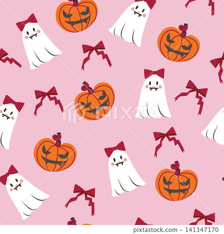 Cute ghost Halloween seamless pattern cartoon spooky characters funny graphic background desig Cute ghost Halloween seamless pattern cartoon spooky characters funny graphic background desig 141347170