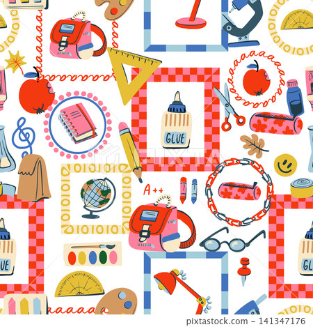 Back to School Seamless Pattern with Colorful Stationery Art Science Apple Supplies Design Back to School Seamless Pattern with Colorful Stationery Art Science Apple Supplies Design 141347176