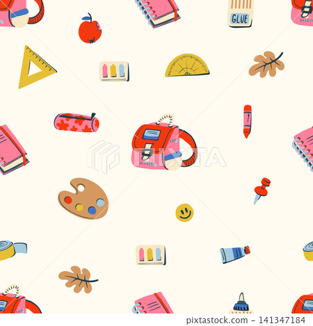 Back to School Seamless Pattern with Colorful Stationery Art Science Apple Supplies Design Back to School Seamless Pattern with Colorful Stationery Art Science Apple Supplies Design 141347184
