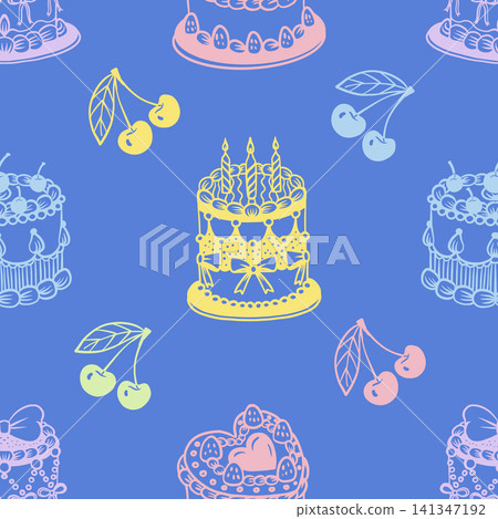 Seamless Cake Pattern with Cherries, Croissants, Tea, Sweets, Pastel Pink Background Seamless Cake Pattern with Cherries, Croissants, Tea, Sweets, Pastel Pink Background 141347192