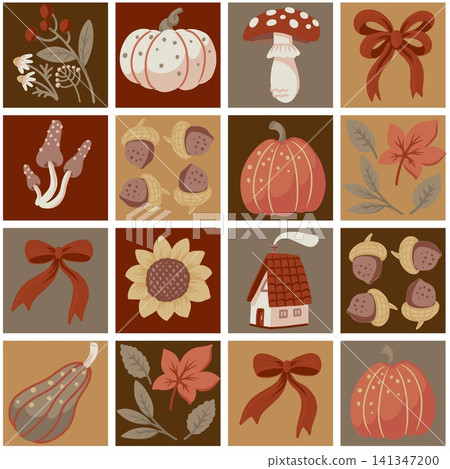 Autumn cozy seamless pattern with pumpkins mushrooms sunflowers leaves warm vintage decor illustration Autumn cozy seamless pattern with pumpkins mushrooms sunflowers leaves warm vintage decor illustration 141347200