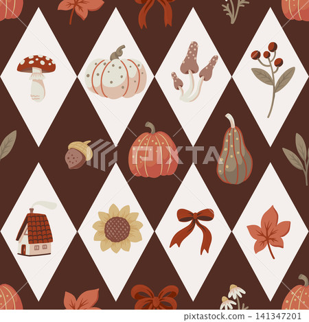 Autumn cozy seamless pattern with pumpkins mushrooms sunflowers leaves warm vintage decor illustration Autumn cozy seamless pattern with pumpkins mushrooms sunflowers leaves warm vintage decor illustration 141347201
