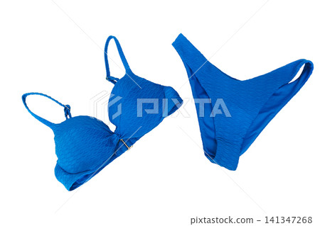 Textured blue bikini swimsuit isolated on white background. Stylish two-piece suit for summer fashion, beachwear, leisure, e-commerce and apparel catalogues. Textured blue bikini swimsuit isolated on white background. Stylish two-piece suit for summer fashion, beachwear, leisure, e-commerce and apparel catalogues. 141347268