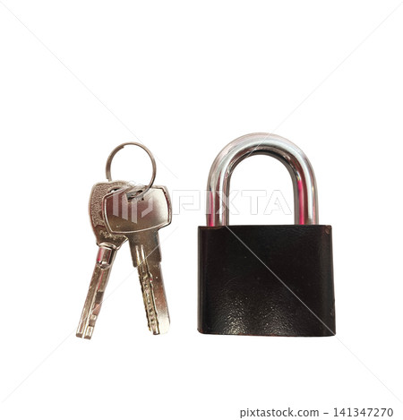 Metal padlock with two keys isolated on white background. Security and protection concept for home, office, storage, safety, privacy, access control and locksmith services. 141347270