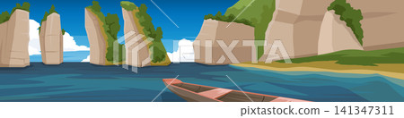 Horizontal or Landscape view of peaceful boat ride through the scenic Cheow Lan Dam in Surat Thani, Thailand. Featuring iconic limestone cliffs rising from the calm deep blue reservoir waters. Horizontal or Landscape view of peaceful boat ride through the scenic Cheow Lan Dam in Surat Thani, Thailand. Featuring iconic limestone cliffs rising from the calm deep blue reservoir waters. 141347311