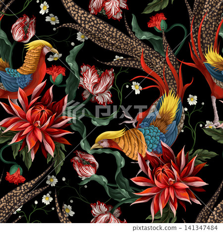 Seamless pattern with pleasant and flowers. Vintage style. Vector Seamless pattern with pleasant and flowers. Vintage style. Vector 141347484