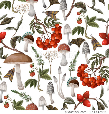 Autumn seamless pattern with mushrooms, berries and plants. Botanical vector. Autumn seamless pattern with mushrooms, berries and plants. Botanical vector. 141347493