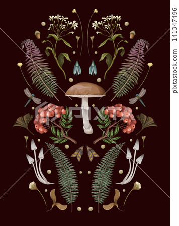 Autumn composition with mushrooms, berries and plants. Botanical vector. Autumn composition with mushrooms, berries and plants. Botanical vector. 141347496