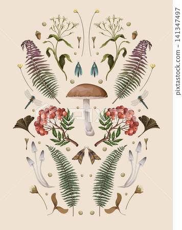 Autumn composition with mushrooms, berries and plants. Botanical vector Autumn composition with mushrooms, berries and plants. Botanical vector 141347497