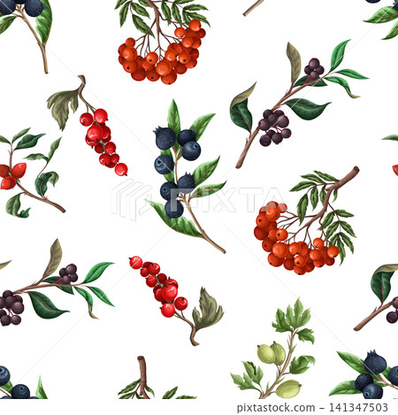 Seamless pattern with berries, such as rowan, blueberries and other. Vector. Seamless pattern with berries, such as rowan, blueberries and other. Vector. 141347503