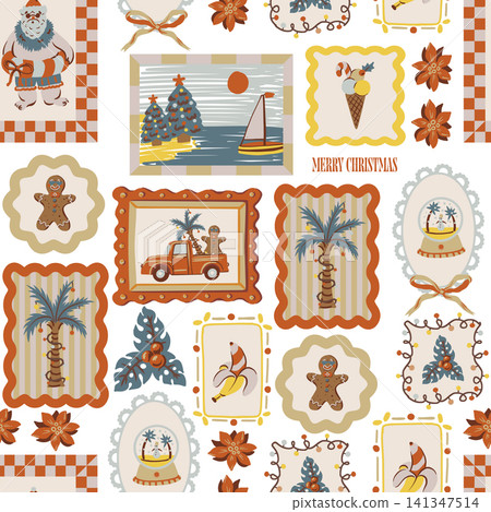 Christmas Tropical Seamless Pattern with Palm Trees Gingerbread Santa Summer Holiday Frames Illustration 141347514
