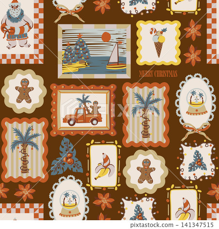 Christmas Tropical Seamless Pattern with Palm Trees Gingerbread Santa Summer Holiday Frames Illustration Christmas Tropical Seamless Pattern with Palm Trees Gingerbread Santa Summer Holiday Frames Illustration 141347515