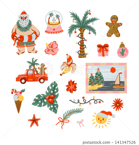 Tropical Christmas Isolated Elements Set with Santa Palm Tree Gingerbread Summer Holiday Clipart 141347526