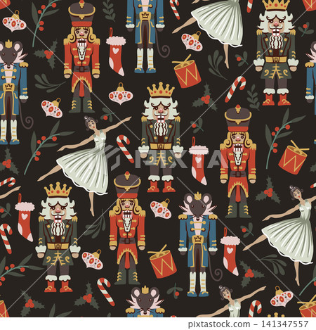 Christmas Nutcracker Seamless Pattern with Ballet Dancers Mouse King Drums Candy Canes Holiday Christmas Nutcracker Seamless Pattern with Ballet Dancers Mouse King Drums Candy Canes Holiday 141347557