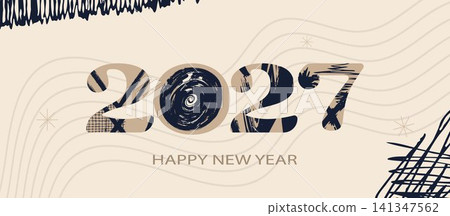 Merry Christmas and Happy New Year festive banner. The year s digits rendered in a grunge-style ink-brush stroke. Merry Christmas and Happy New Year festive banner. The year s digits rendered in a grunge-style ink-brush stroke. 141347562