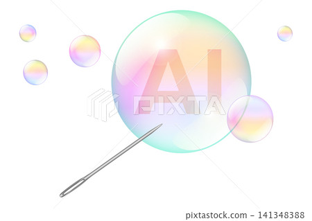 Needle puncturing AI bubble, a metaphor for a boom and hype about to crash. Metallic sewing needle piercing a large soap bubble with the abbreviation AI for Artificial Intelligence inside. Vector Needle puncturing AI bubble, a metaphor for a boom and hype about to crash. Metallic sewing needle piercing a large soap bubble with the abbreviation AI for Artificial Intelligence inside. Vector 141348388