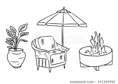 Illustration of outdoor seating area featuring a potted plant, a comfortable chair, a patio umbrella, and a fire pit for relaxation and leisure activities Illustration of outdoor seating area featuring a potted plant, a comfortable chair, a patio umbrella, and a fire pit for relaxation and leisure activities 141348392