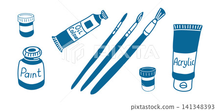 Illustration of various paint tubes and brushes including oil and acrylic paint, arranged artistically on a white background for creative design purposes Illustration of various paint tubes and brushes including oil and acrylic paint, arranged artistically on a white background for creative design purposes 141348393