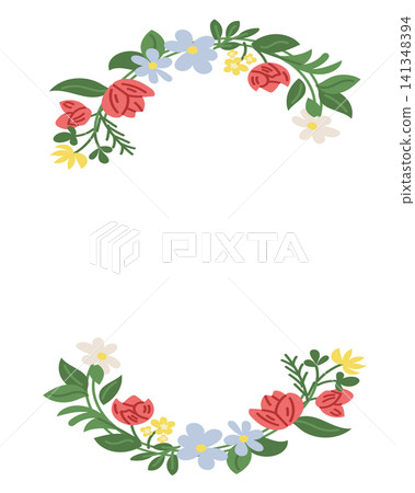 Floral illustration featuring red roses, blue flowers, and green leaves arranged in a decorative frame with ample white space for text or design elements Floral illustration featuring red roses, blue flowers, and green leaves arranged in a decorative frame with ample white space for text or design elements 141348394