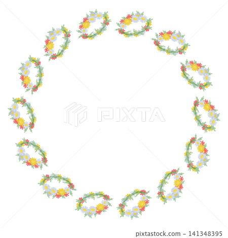 Circular arrangement of floral wreaths with vibrant flowers and leaves on a plain white background, suitable for various decorative applications Circular arrangement of floral wreaths with vibrant flowers and leaves on a plain white background, suitable for various decorative applications 141348395