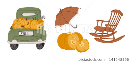 Vintage green pickup truck filled with pumpkins, brown umbrella, and wooden rocking chair, representing autumn and seasonal decor elements for fall celebrations 141348396