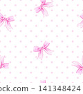 Seamless watercolor pattern with illustration delicate pink ribbons and soft polka dots. Romantic coquette aesthetic backdrop for wrapping paper, textile print, digital planners and festive stationery 141348424