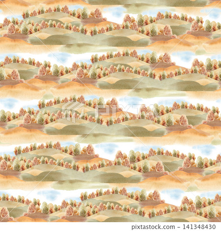 Colorful rolling rural autumn hills with deciduous tree forest seamless pattern. Watercolor landscape repeat print with golden foliage and soft field hillsides for seasonal textile design or packaging Colorful rolling rural autumn hills with deciduous tree forest seamless pattern. Watercolor landscape repeat print with golden foliage and soft field hillsides for seasonal textile design or packaging 141348430
