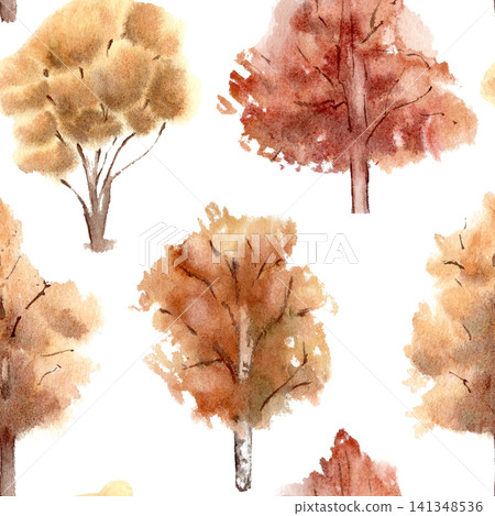 Orange red foliage on trees watercolor seamless pattern isolated white. Autumn forest repeat background with different trees hand painted for textile design. Fall grove art for backdrop or art print. Orange red foliage on trees watercolor seamless pattern isolated white. Autumn forest repeat background with different trees hand painted for textile design. Fall grove art for backdrop or art print. 141348536