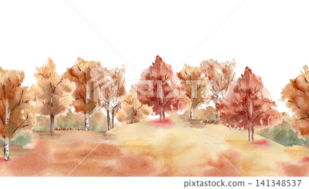 Autumn watercolor seamless border woodland landscape with golden orange trees on hills isolated white. Seasonal colorful forest scenery hand painted on yellow grass. Repeat trees for seasonal design. Autumn watercolor seamless border woodland landscape with golden orange trees on hills isolated white. Seasonal colorful forest scenery hand painted on yellow grass. Repeat trees for seasonal design. 141348537