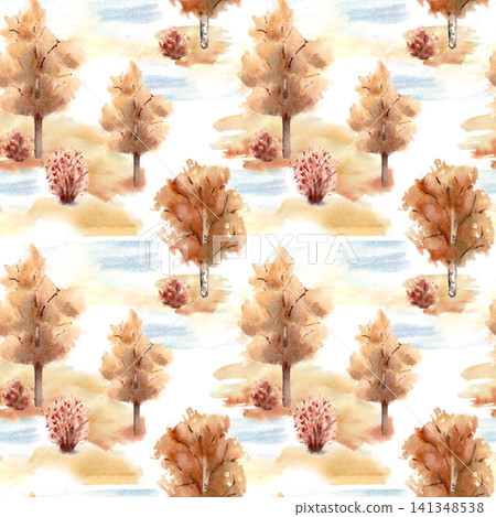 Autumn trees with yellow foliage on glade near water watercolor seamless pattern isolated white. Repeat background with orange rustic forest scenery and blue sky. Fall design for textile, wrap paper. Autumn trees with yellow foliage on glade near water watercolor seamless pattern isolated white. Repeat background with orange rustic forest scenery and blue sky. Fall design for textile, wrap paper. 141348538
