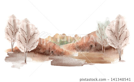 Watercolor landscape of bare trees on a rolling hill isolated white. Autumn nature scenery with trees without leaves soft brown and orange tones hand painted. Countryside for seasonal fall design. Watercolor landscape of bare trees on a rolling hill isolated white. Autumn nature scenery with trees without leaves soft brown and orange tones hand painted. Countryside for seasonal fall design. 141348541