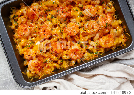 pasta with shrimp and cheese, with a golden crust, cooked in a baking dish, homemade, no people, pasta with shrimp and cheese, with a golden crust, cooked in a baking dish, homemade, no people, 141348950