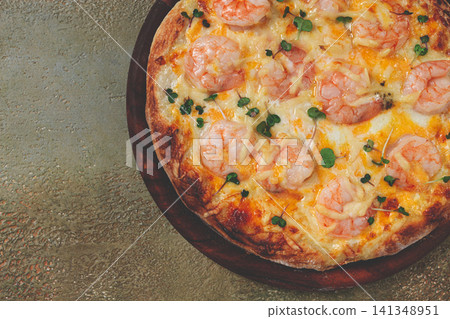 four cheese pizza with shrimp and fresh microgreens, served on a wooden board, homemade, no people, four cheese pizza with shrimp and fresh microgreens, served on a wooden board, homemade, no people, 141348951