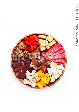 assortment of cheese meat cuts, on a plate, top view, no people, assortment of cheese meat cuts, on a plate, top view, no people, 141348952