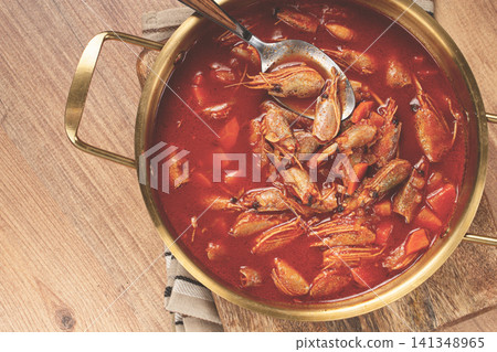 French shrimp bisque soup, in a pot, close-up, no people, French shrimp bisque soup, in a pot, close-up, no people, 141348965