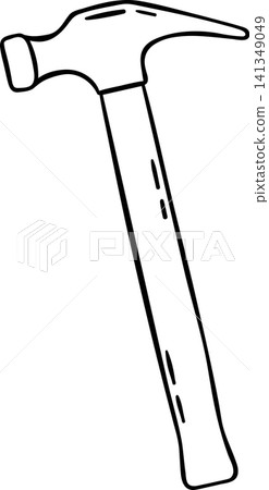Black and white doodle of hammer with wooden handle. Simple sketch icon for construction sites or home repair blogs Black and white doodle of hammer with wooden handle. Simple sketch icon for construction sites or home repair blogs 141349049